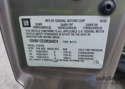 2003 Chevrolet Tahoe Z71 z USA, uszkodzony, nr VIN 1GNEK13Z33R304074